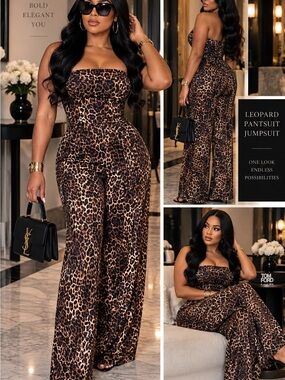 Strapless Leopard Print Wide-Leg Jumpsuit - Brown